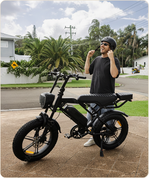 Man fastening his helmet beside an e-bike