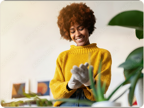 Woman in a yellow jumper dusting off her gloves after repotting plants